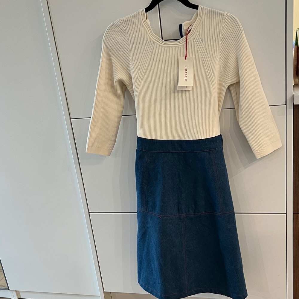 Solitaire Cream Ribbed Top and Denim Skirt All In One Dress with Belt